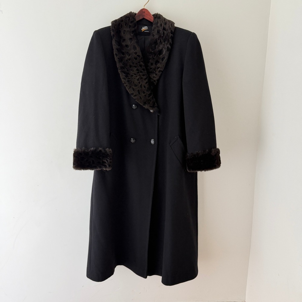 VTG Long Black Wool Coat Double Breasted Leopard Faux Fur Trim Penny Lane 18